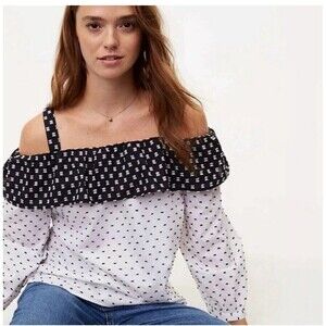 Ann Taylor Loft Black White Color Block Swiss Dot Cold Shoulder Top Blouse Small